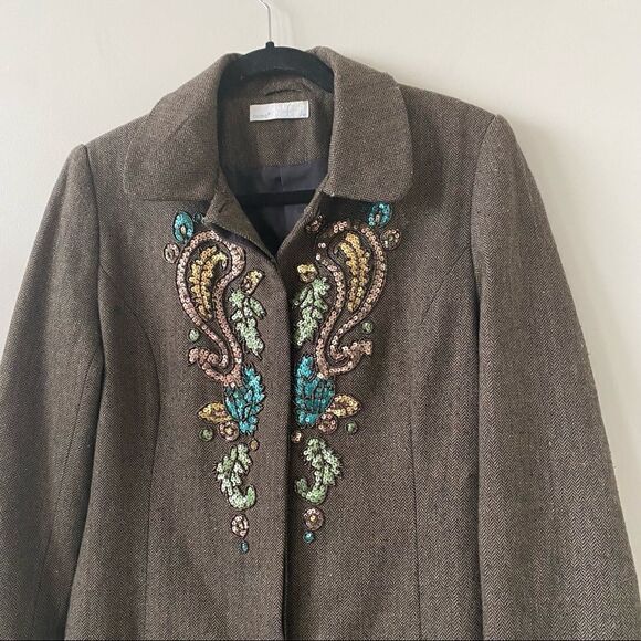 Oxmo-Wool Blend Leaf Sequin Long Sleeve Button Down Lightweight Jacket - Picture 4 of 11